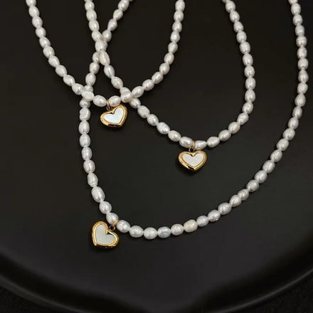 Freshwater Pearl Heart Beaded 18K Gold Plated Stainless Steel Clasp Extend Chain Non-Tarnish Classic Necklace for Women