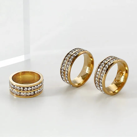 18K Gold Plated 316L Stainless Steel Zircon Classic Double Layered Engagement Ring for Women and Men