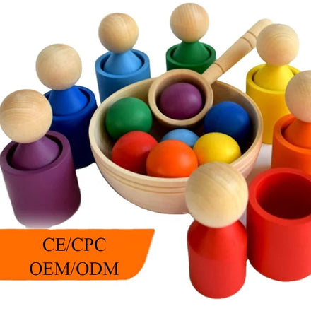Montessori Educational Toys Wooden Sorting Peg Doll Balls Cups for 1-2 Year Old Functional Teaching Tool