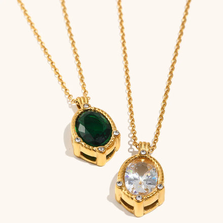 Maiou Elegant Trendy Fashion 18k Gold Stainless Steel Waterproof Emerald and Clear Zircon Pendant Necklace for Women Jewelry