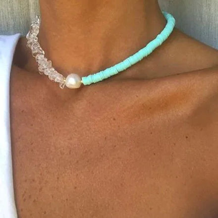 Maiou Handmade Boho Freshwater Pearl Polymer Clay Irregular Stone Beaded Necklace Jewelry for Women