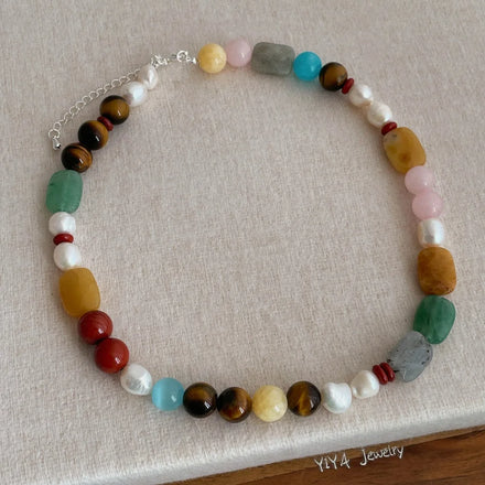 Maiou Multi Color Rainbow Beads Handmade Natural Stone Freshwater Pearl Beaded Necklace Jewelry for Women Ladies Anniversary