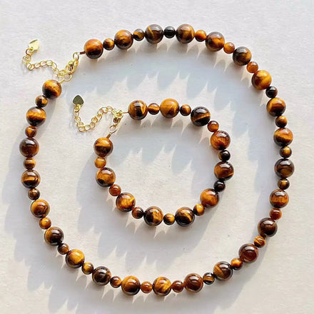 Maiou Statement Designer Vintage Trendy Handmade Natural Stone Brown Tiger Eyes Stone Beaded Necklace for Women and Ladies
