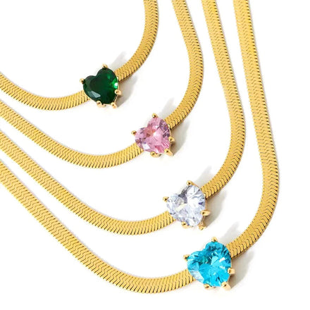 Delicate 18K Gold Plated Stainless Steel Shiny Heart Zircon Claw Setting Snake Chain Necklace Wedding Anniversary Party Gifts