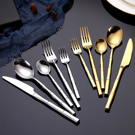 Best Selling Bamboo Handle Stainless Steel Cutlery Set Restaurant Serving Spoon Premium Gold Flatware Spoon and Fork