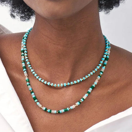 Maiou Trendy Fashion Handmade Boho Natural Stone Flat Beaded Necklace Jewelry for Women