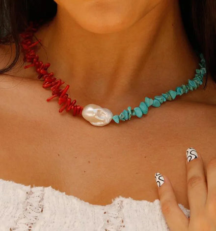 Handmade Boho Pearl Coralline and Turquoise Stone Beaded Necklace Jewelry for Women
