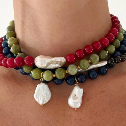 Maiou New Designer Trendy Elegant Handmade Natural Stone Red Blue Irregular Big Pearl Round Beaded Necklace Jewelry