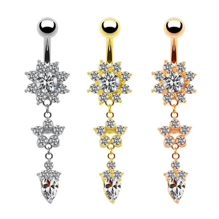 Fashion Women Surgical Stainless Steel Barbell Dangle Navel Piercing Body Jewelry Crystal Flower Pendant Belly Button Rings