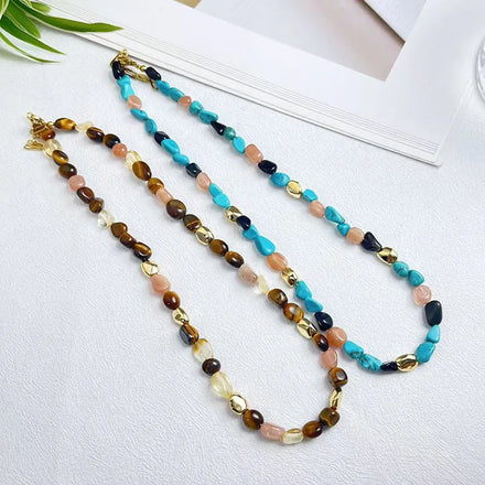 Maiou Designer Trendy Handmade Vintage Irregular Natural Stone Turquoise Tiger Eyes Stone Beaded Choker Necklace Jewelry Ladies