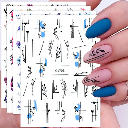 Spring Summer Flowers Nail Stickers Green Red Colorful Florals Self-adhesive Decals Manicure Decoration Sliders