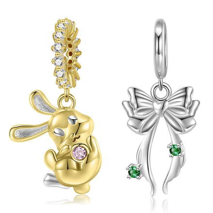 Cute Bunny Rabbit Embraces Pink Zirconia Pendant 925 Sterling Silver Simple Bow Pendant for Women Charms Bracelet Jewelry Making