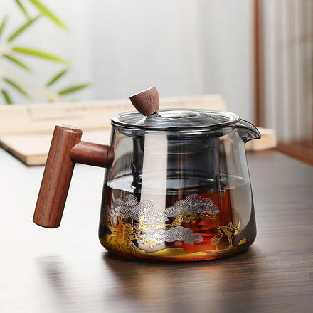 Food Grade 750ml Heat Resistant Boiling Water Health Tea Kettle High Borosilicate Glass Tea Set with Walnut Kettle Handle