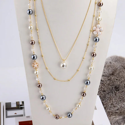 In Stock Luxury 18K Gold Plated Necklace Fashion Elegant Imitation Pearl Handmade Chains Starry Necklace Long Sweater Chain
