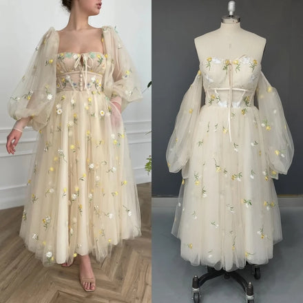 14258# Real Photos Long Puffy Sleeves Flowers Engagement Wedding Gown Birthday Party Dress Prom Evening Dresses for Women