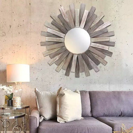 80CM Large Handmade Sun Wooden New Vintage Bedroom Bathroom Decorative Wall Makeup Mirror for Home Decor Hanging Dropshipping