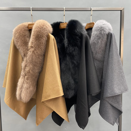 Winter Cashmere Shawls Cape Women Fur Trim Ponchos Fox Fur Shawl
