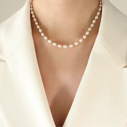 Fashion Baroque Freshwater Pearl Choker Necklace Set 18K Gold Plating Stainless Steel Pearl Beaded Necklace