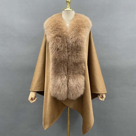 2022 New Design Cape Wool and Real Fox Fur Collar Ponchos Soft Winter Fox Fur Shawl