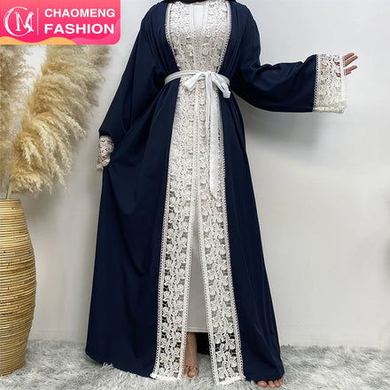 1498# Elegant Navy Front Open Abaya Pretty Floral White Lace Long Sleeve Abaya Long Robe for Muslim Women 2XL 3XL Limited
