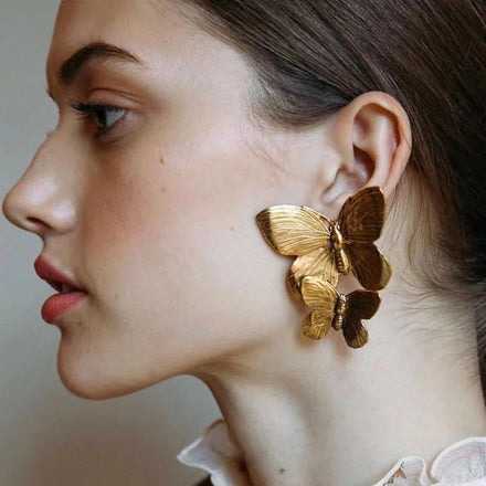New Design Fashion Jewelry Women Gold Two butterfly Design Large Earrings Simple Elegant Unique Girls Ear Pin Earrings