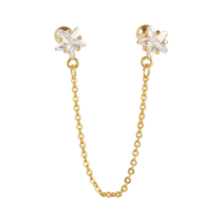Korean Women Fashion Gold Plated Star Shaped Double Ear Bone Nail Jewelry Screw Ball Piercing Zircon Studs Earrings with Chain