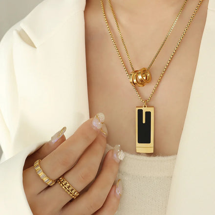 New Fashion Punk Design 316L Stainless Steel Ring Square Pendant Double Layer Chain Necklace Women P1380