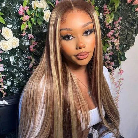 13*4 HD Lace Frontal Wig Women Brown Straight Human Hair Blonde Highlights Piano Color Long Length Brazilian Hair Swiss Lace