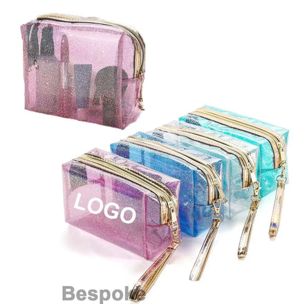 Custom Logo Fashionable Clear PVC Toiletry Bag Transparent Zipper Makeup Pouch with Glitter Monogram for Travel Storage Bag