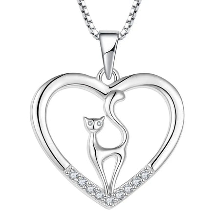 S925 Silver Cat Heart Pendant Necklace Cute Valentine's Day Wedding Party Gift with Zircon Wholesale Supply