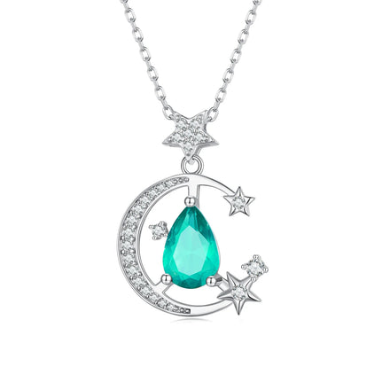 925 Sterling Silver Crescent Moon and Star Pendant Necklace Light Green Waterdrop Neck Chain for Women Fine Jewelry BSN301
