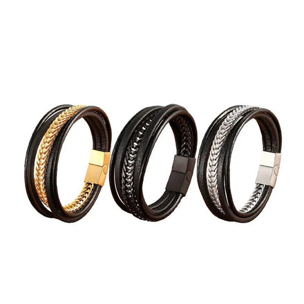 18k Fashion Couple Leather Braided Charm Stainless Steel Multilayer Bracelet Titanium Steel Men's Bangle