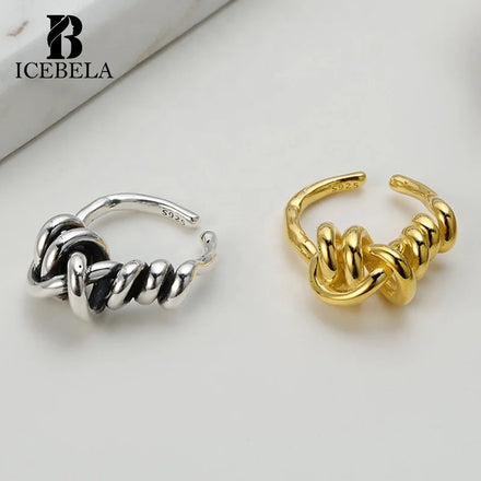 ICEBELA S925 Sterling Silver Multi-layer Irregular Line Winding Luxury Ring Female Fashion Thai Silver Plated 18K Gold Ring