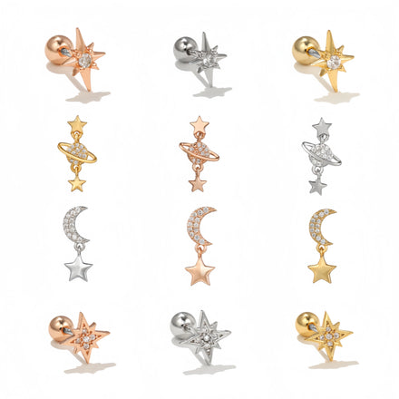 Classic Metal Moon Ear Bone Stud Brass Rod Piercing Jewelry Screw Ball Women Small Zircon Star Element Earring Stud for Women