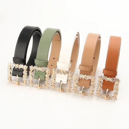 JULUN PU Belt Manufacture Rhinestone Belt Custom Belt Square Crystal Buckle PU Strap 5 Color Casual Waist Belt