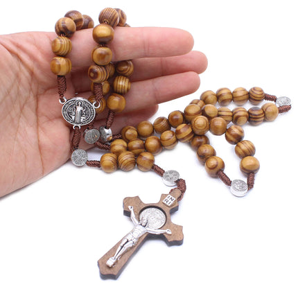 Women Men Religious Catholic Jewelry Wooden Cross Necklace Virgin Mary 10MM Rosary Beads Wood Rosary Necklace