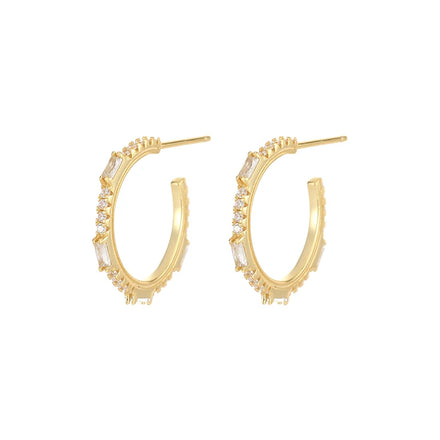 French Style Sterling Silver 925 Jewelry Dainty Cubic Zircon CZ Crystal C Shape Big Hoop Earrings