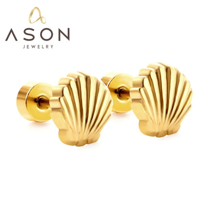 Ason Jewelry Wholesale New 18K Gold Plated Stud Earrings Stainless Steel Cute Shell Screw Plug Stud Earrings for Women Girls