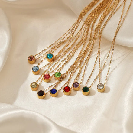 Simple Dainty Fashion Women Jewelry Gold Plated Crystal Cubic Zirconia Stainless Steel Birthstone Necklace