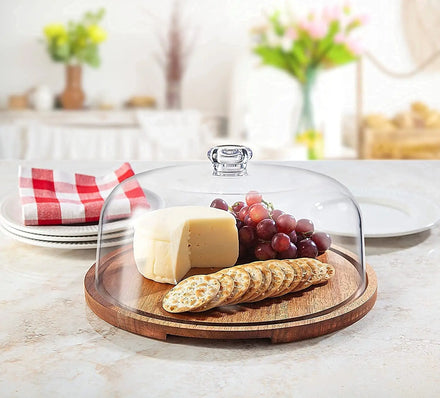 Creative Transparent Dust-proof Glass Cover High Foot Plate Chopping Block Acacia Tray Wooden Lazy Susan Platter Guansen Gs385