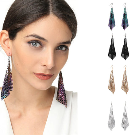 Mesh Chain Mail Sequin Earrings Silver Gold Drop Dangle Women Fashion Ear Jewelry Gift