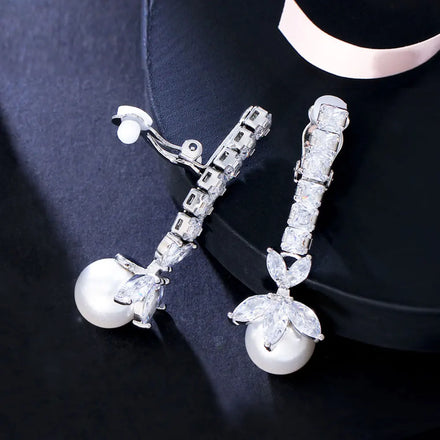 Sparking White CZ Elegant Flower Pearl Pendant Long Non Pierced No Ear Hole Ear Clip on Earrings for Women Wedding Dress Jewelry
