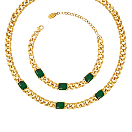 Wholesale Chain Green Glass Stone Necklace Pendant Bracelet Sets