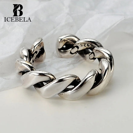 Vintage Korean Burning Chain Fried Dough Twist Chain Ring Minimalist Design 925 Sterling Silver Custom Adjustable Ring for Women