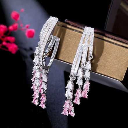 Unique Design Silver Plated Pink Cubic Zircon Crystal Wedding Bridal Long Tassel Dangle Drop Earrings for Female Party Jewelry