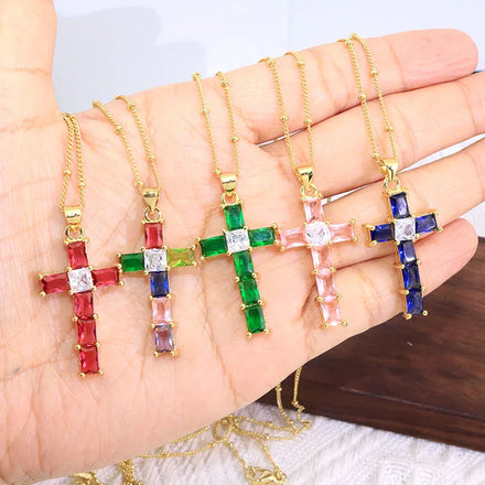 NZ1421 GOLD Plated Rainbow CZ Baguette Cross Satellite Chain Necklace Christian Jewelry Religious Rosary Necklace Gifts for Mom