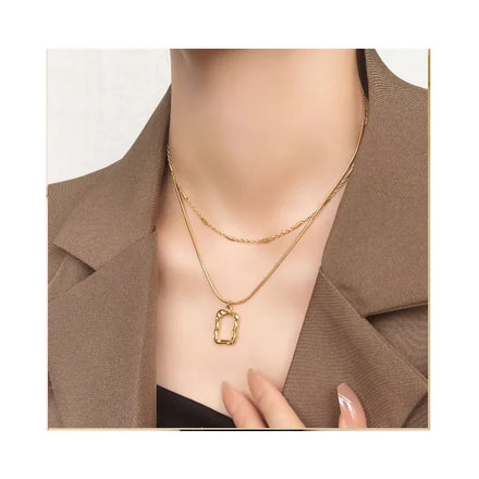 Collar De Hip Hop Trendy 18K Gold Plated Double Layer Necklace Rectangular Pendant Stainless Steel Necklace Pendant Jewelry
