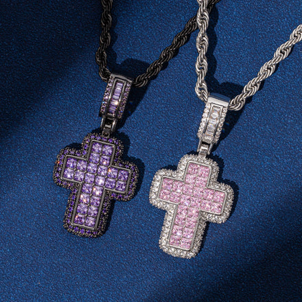 Top Icy Iced Out 2 Rows Purple Pink Diamond Cross Pendant Brass 18K Gold Plated CZ Fashion Jewelry Pendants Necklace Women
