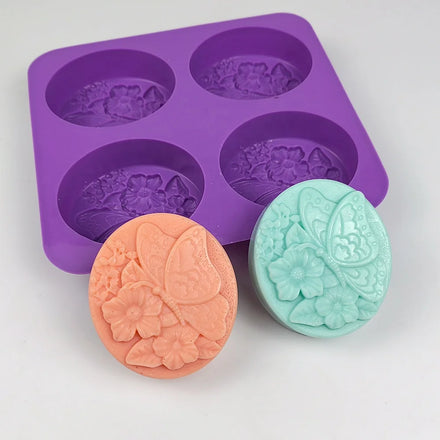 14078 4-Cavity Round Shaped Flower Butterfly Silicone Mold for Soap Lotion Bar Bath Bomb Candle