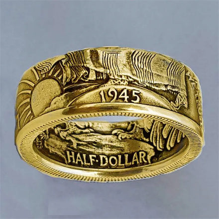 Hot Selling Vintage Carved Dollar Coins Rings Gold Plated Half Money Rings for Men